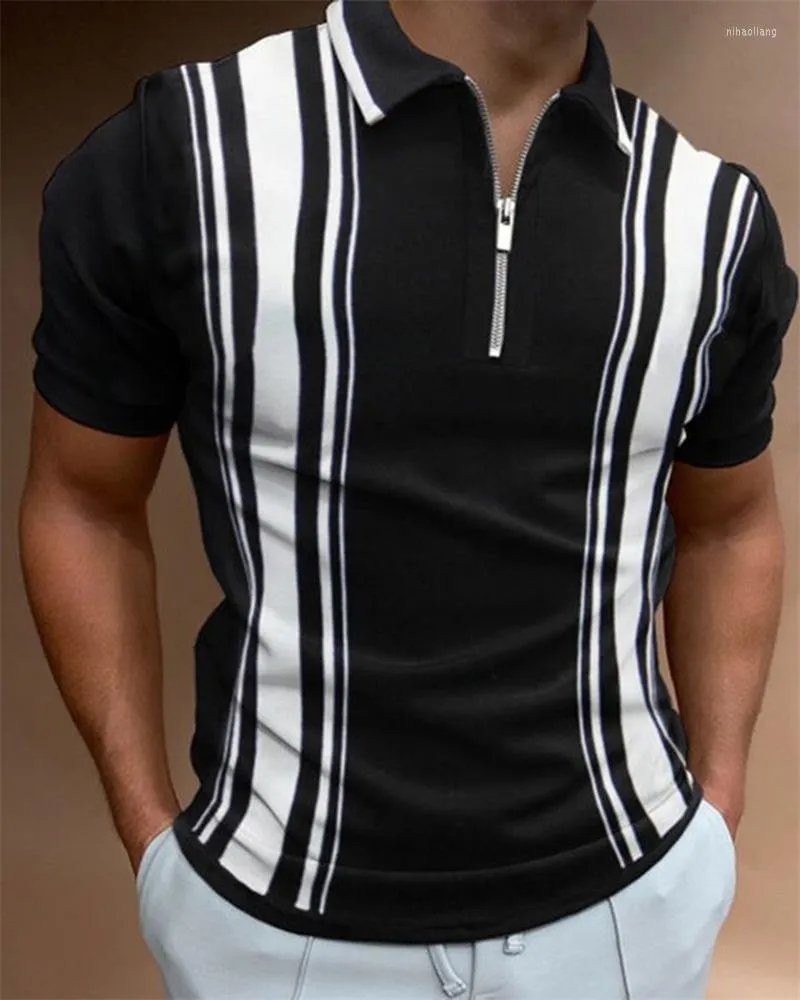 Men's Polos Men's Black And White Plaid Short Sleeve T-Shirt High-Quality Printed Shirt Casual Neckline Zipper