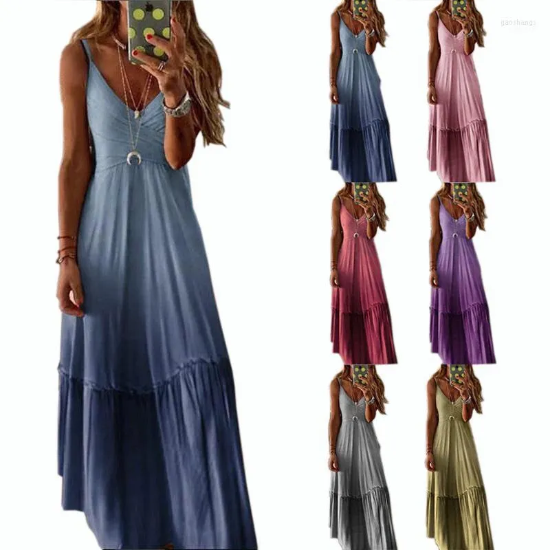 Casual Dresses 2022 Spring and Summer Style Europe America Women's Dress Loose-Fit V-Neck Gradient Color Strapped Dress1