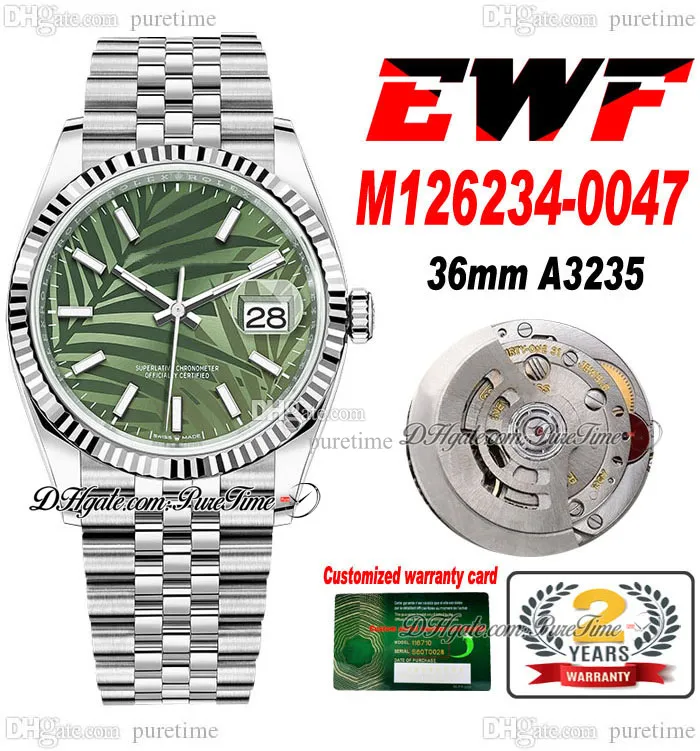 EWF Just 126200 A3235 Automatic Unisex Watch Mens Ladies 36 Fluted Bezel Olive Green Palm Motif Dial JubileeSteel Bracelet Super Edition Same Series Card Puretime 2