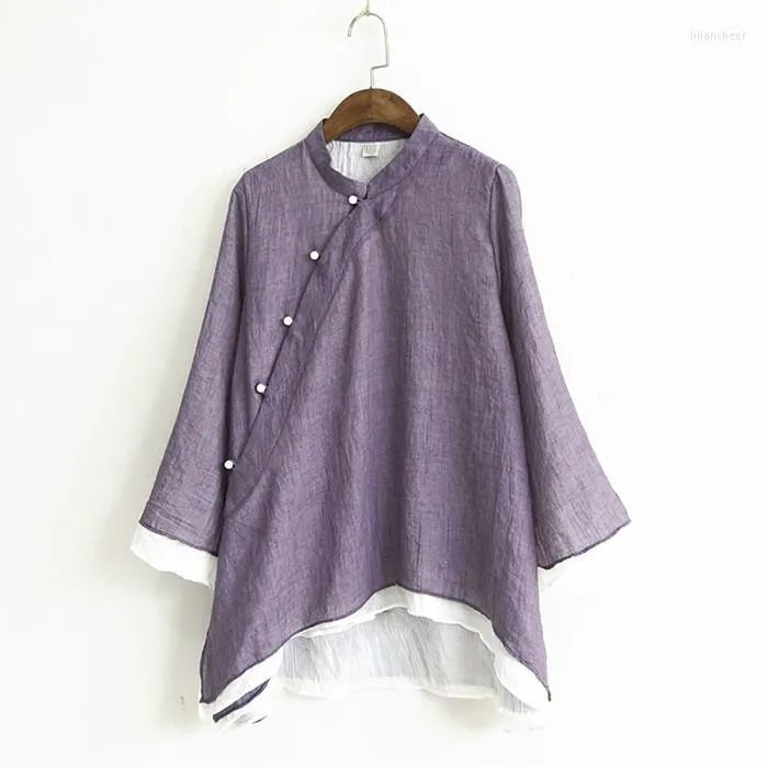 Women's Blouses Original Women Spring Cotton Stand Collar Chinese Style Vintage Buckle Long Sleeve Purple Shirt Loose Casual Blouse Ladies
