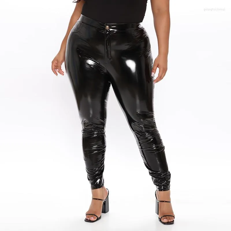 Pantalon Sexy PU Faux Latex grande taille en cuir mince taille haute crayon pantalon femme PVC bouton extensible moulante Leggings personnalisé