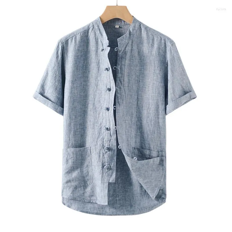 Men's Casual Shirts Men's Pure Linen Short Sleeve For Men Summer Fashion Chinese Style Tops Male Solid White Stand Collar Button