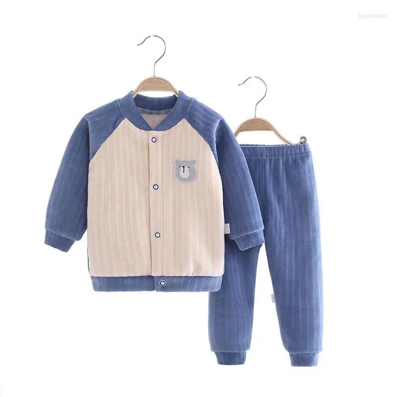 Kledingsets Kinderen Tweede stuk Autumn Winter Baby jongens meisjes stand kraag patchwork Cardigan Pure Color Pants Pakken Warm fleece ondergoedset