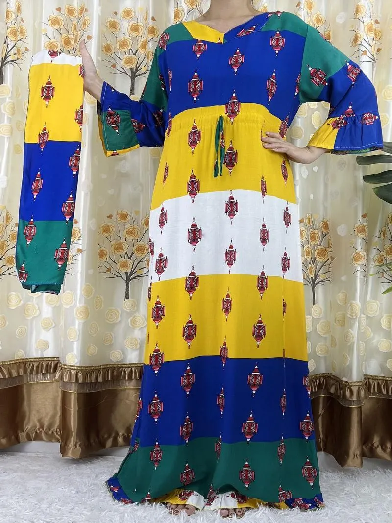 Ethnic Clothing Style Long Sleeve African Dashiki Floral Printing Cotton Abaya Caftan Elegant Lady Summer Maxi Casual Dresses VestidosEthnic