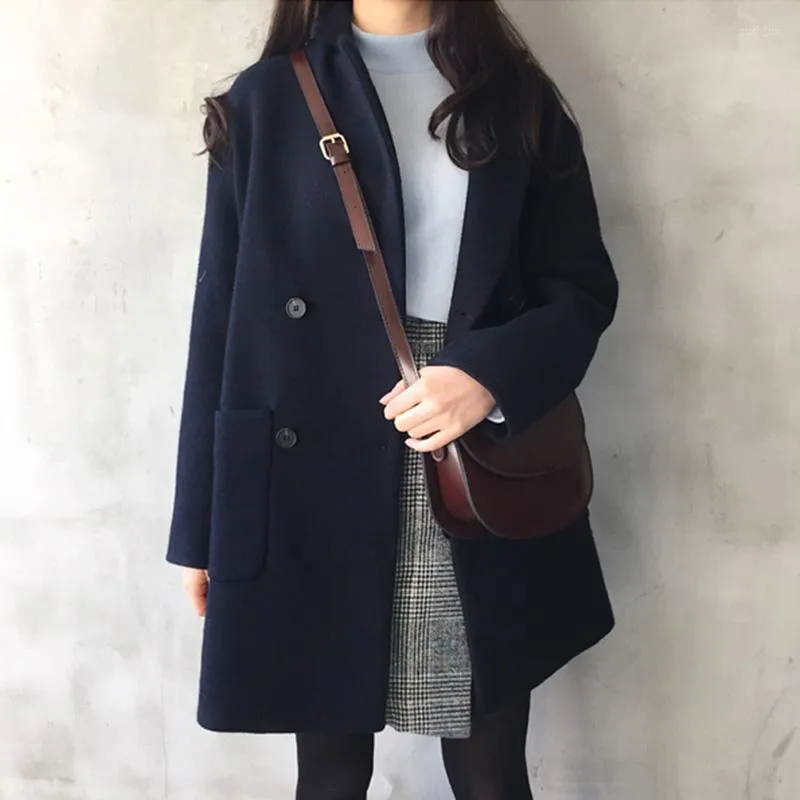 Misturas femininas de lã feminina Belas azul marinho LOOLEN CASA DE LOOLEN 2022 Autumn Winter Winter coreano Trench de manga longa solta fora de roupa casual