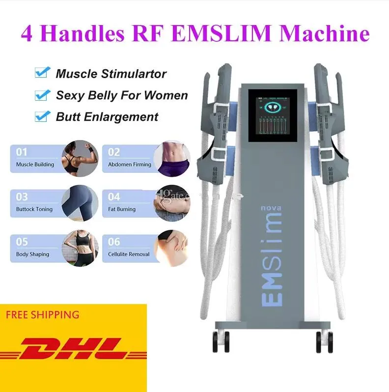 Kraftfull EMS -teknik Slimming Sculpting Device For Weight Lossa muskelf￶rst￤rkning/Bygg muskel Burns Fat Hiemt Sculptor Beauty Equipment 4 HANDLAR RF SEAT