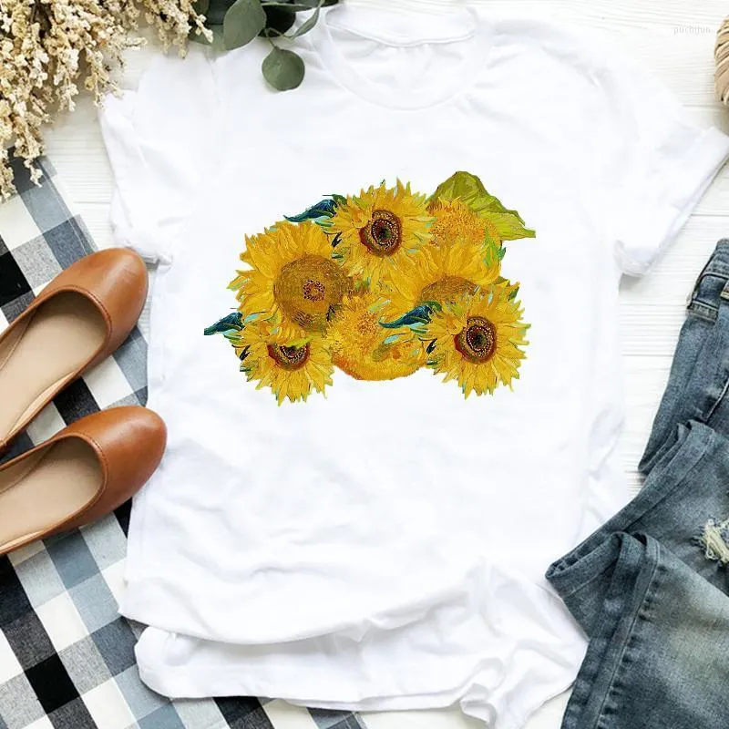 Kvinnors T-skjortor Kvinnor Lady Sunflower Floral Målning Casual 90-talet Tryck tryck T-shirt Kvinna Tee Womens Shirt Clothes Top Graphic T-shirt