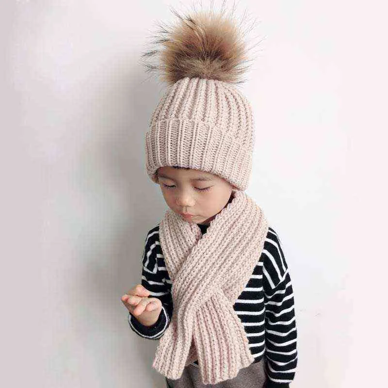 Kepsar Mössor Besar Nyata Bulu Pompon Hatt Syal Set Anak Musim Dingin Rajutan Wol Tebal Beanie Topi untuk Anak-anak Usia 3-10 T220907