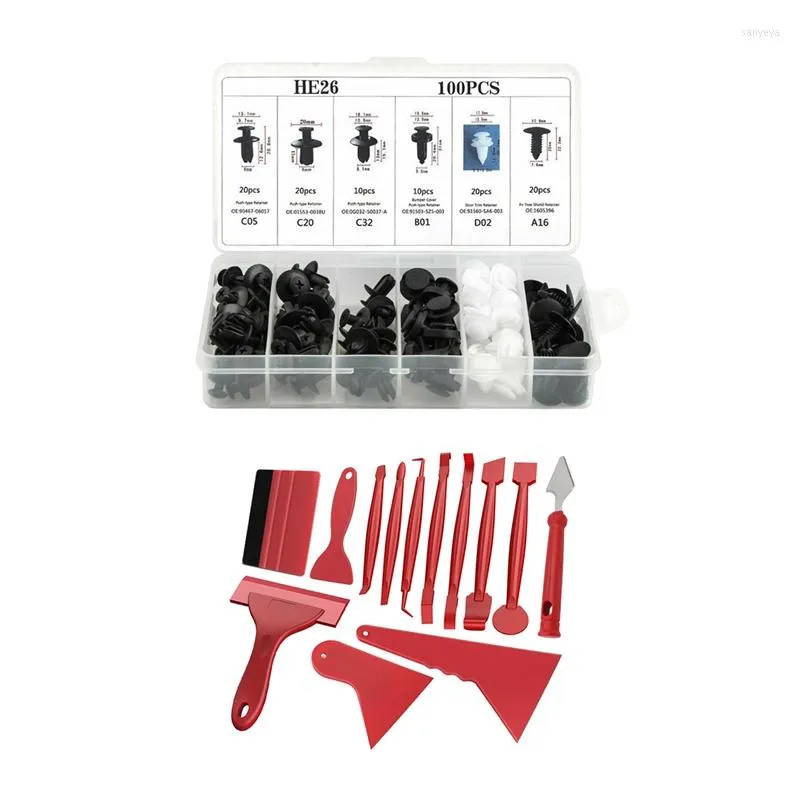 Ensembles d'outils à main professionnels 100pc Auto Car Fender Liner Fastener Pare-chocs Garniture intérieure Retenue Push Clip Pin avec 13Pc Wrap Film Outils