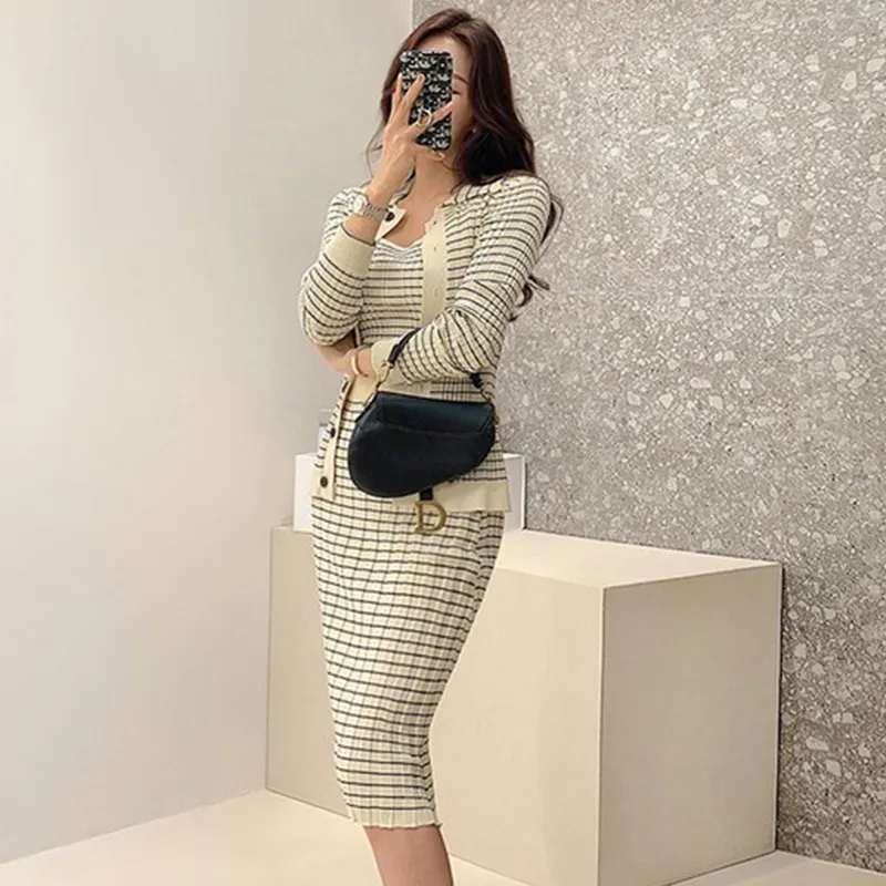 Korean Knitted Tweed Skirt Suit Set With Sling Cardigan And Pencil