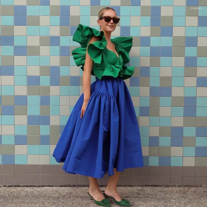 Skirts Royal Blue Serge Skirt High Waist Midi Women Pleated Long Ruffles A-Line Mid-Calf Customized Green Top