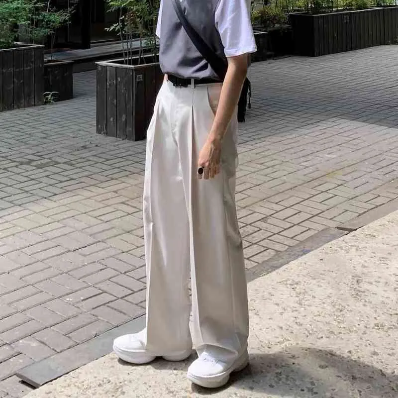 Herrbyxor breda byxor män harajuku fast färg svart vit casual byxor koreanska mode streetwear raka byxor Teknikkläder T220909