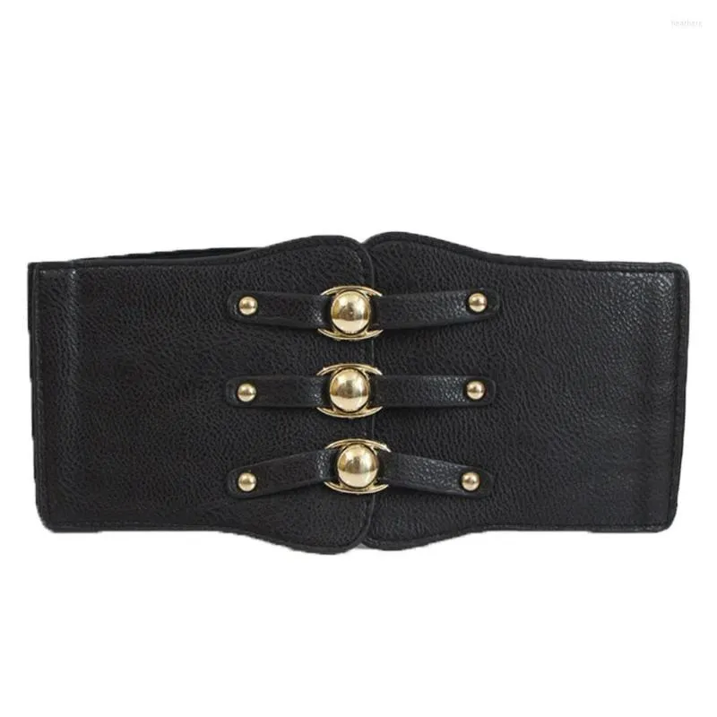 Belts Fashion Lady Red Waist Belt Extra Wide Corset Gold Metal Ring Dress Cummerbund Black PU Leather Elastic Waistband For