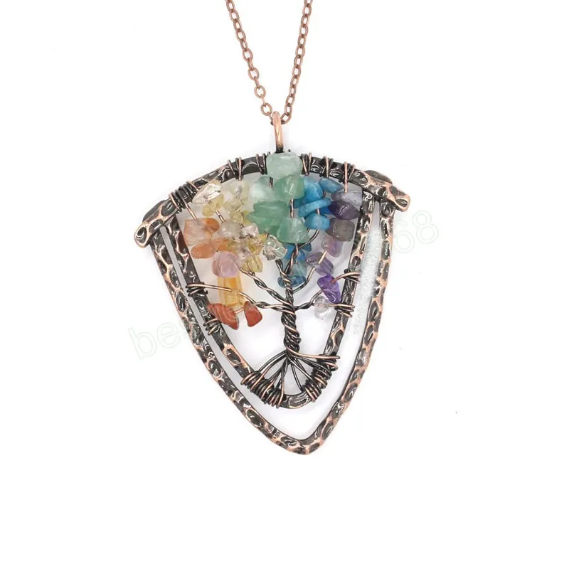 Pendentifs en Quartz naturel arbre de vie, Suspension en fil de cuivre Antique, 7 pierres de puces de chakra, pendule en cristal jaune rose Reiki