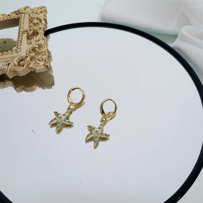 Pendientes de aro, joyería pequeña femenina, cuentas de estrella de mar, colgante de esmalte azul, accesorios para niñas