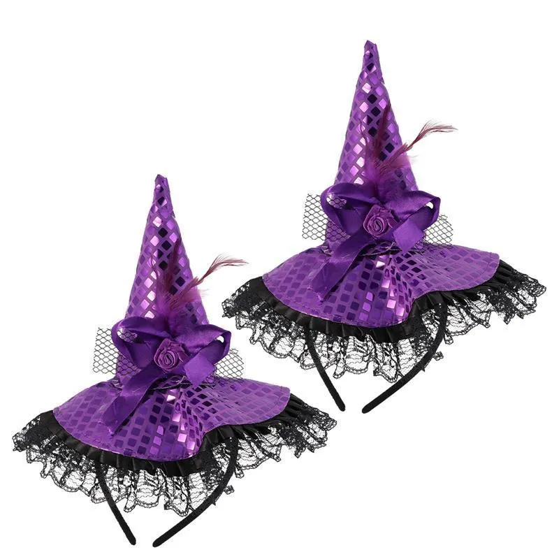 Hair Accessories 2pcs Halloween Hat Witch Headband Masquerade Party Head Wear Ruched Lace Sequin for Decoration Purple 220909