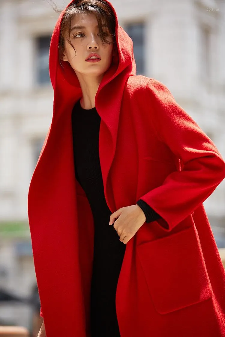 Cappotti coreani da donna in lana misto lana da donna per donna Tessuto double face invernale in pizzo di cashmere ondulato ad acqua con cappuccio ampio e