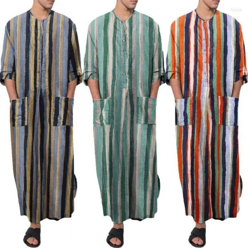 Casual shirts heren heren mannen jubba thobe moslim kaftan Arabische shirt gestreepte gewaden losse zakken met lange mouwen Saoedi -Arabië gewaad