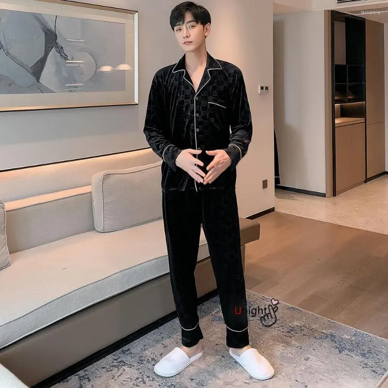Men s Sleepwear Oversize L 5XL Plaid Black Velvet Men Pajamas For Winter 2 Piece Set Home Clothes Male Pyjamas Couple Snight Pijamas
