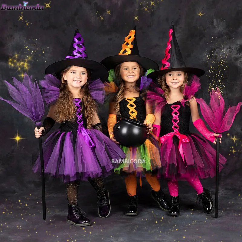 Besondere Anlässe Verkleidung Hexenkostüm für Mädchen Halloween Tutu Kniekleid mit Hut Besen Strumpfhosen Kinder Karneval Cosplay Party Outfit Set 220909