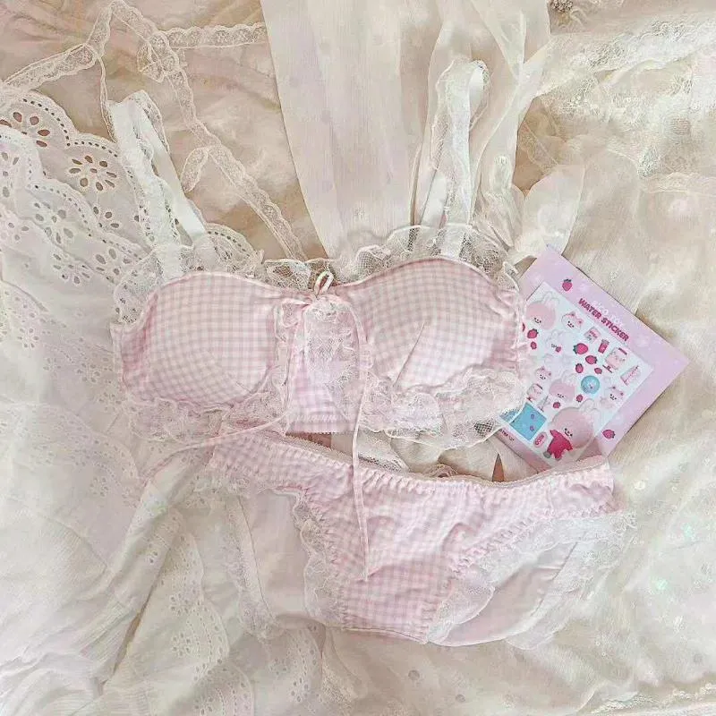 Japanese Cotton Plaid Bralette Set With Lace Underwear And Wire Free Thin  Bra For Women Cute And Lolita Lustiers & Corset Panties From Wasamei,  $20.17