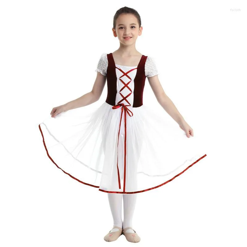 Scene Wear Gymnastics Leotard Ballerina Tutu Dress for Toddler Teen Kids Girls Mesh Lacework Short Bubble Sleeves Ballet Dancewear