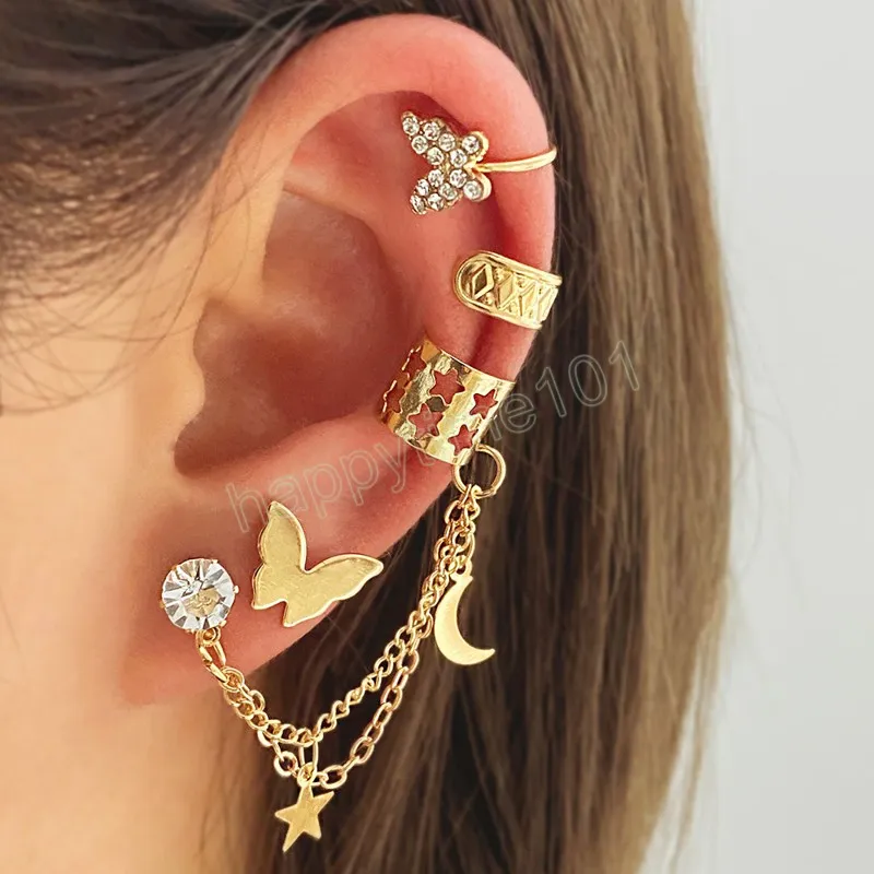 Boucles d'oreilles rétro mignonnes en diamant pour femmes, Clips d'oreilles en forme d'étoile découpée en diamant, couleur or, en métal, sans Piercing, bijoux à la mode pour filles, 2022