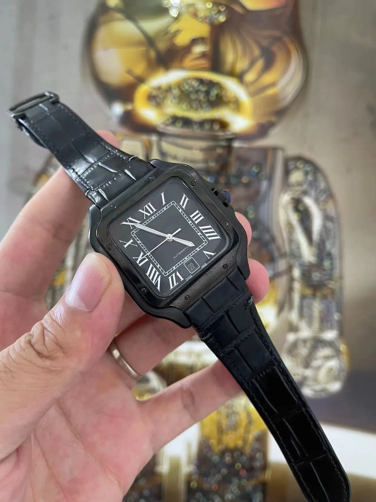 Reloj para hombre Reloj cuadrado de moda 40 mm Geneve Caja mecánica de  acero inoxidable negro genuino y correa de cuero Reloj para hombre