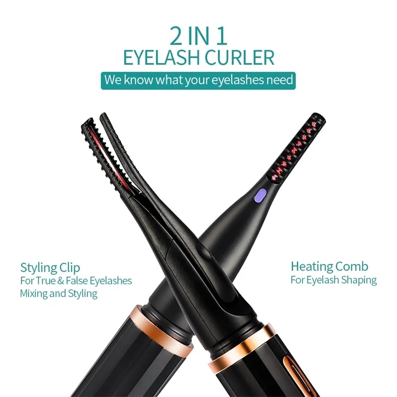 Eyelash Curler 2in1 난방 스타일 클립 60S 컬링 LASH LONGLASTING COMB 이중 사용 다리노링 브러시 마스카라 220909