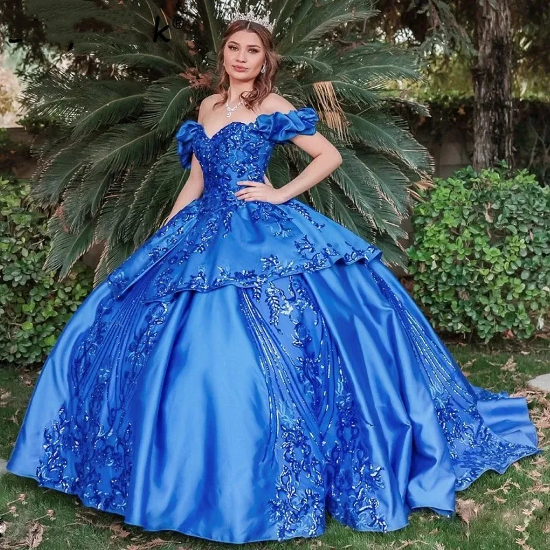 Royal Blue Satin Sequined Quinceanera Dresses 2023 Off Shoulder ...