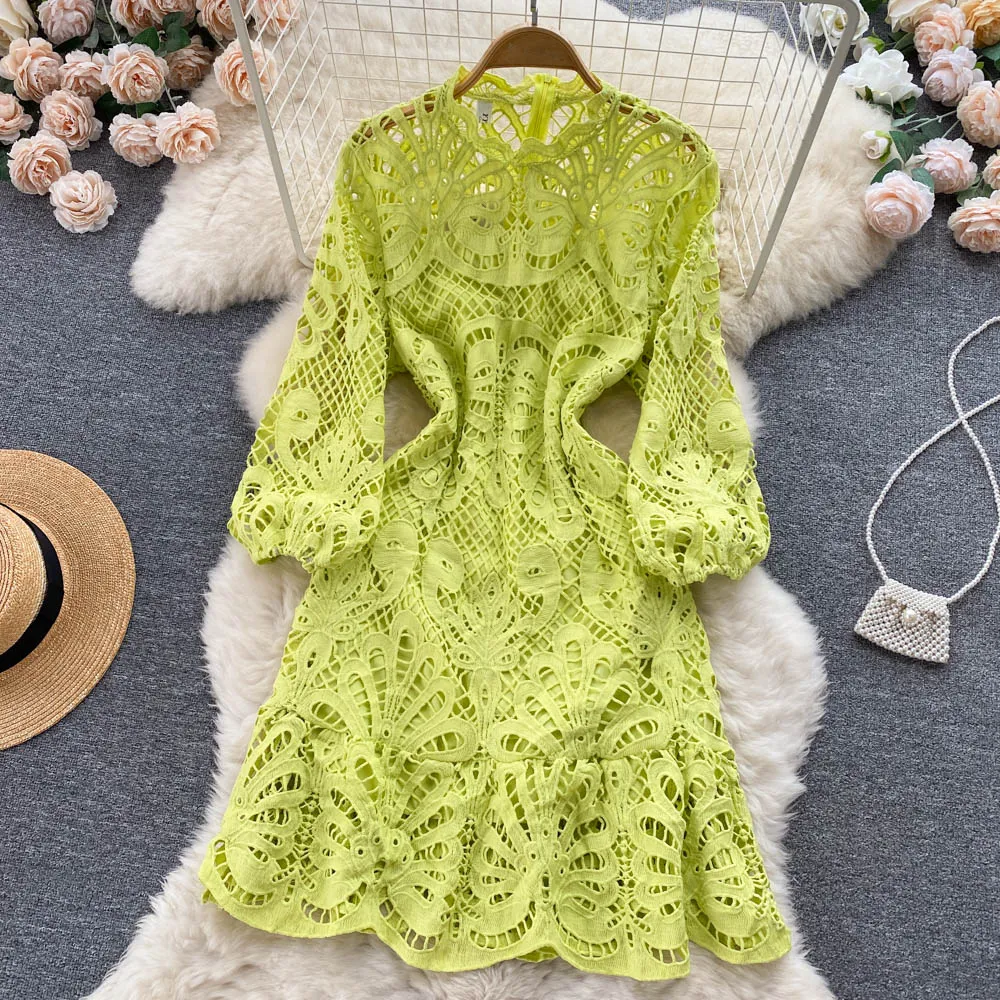 Lace Blue New Casual Dresses Summer Solid Slim Full Lady Dress A Line O Neck Chiffon Pullover Mid-Calf High Waist Women Dresses 2023