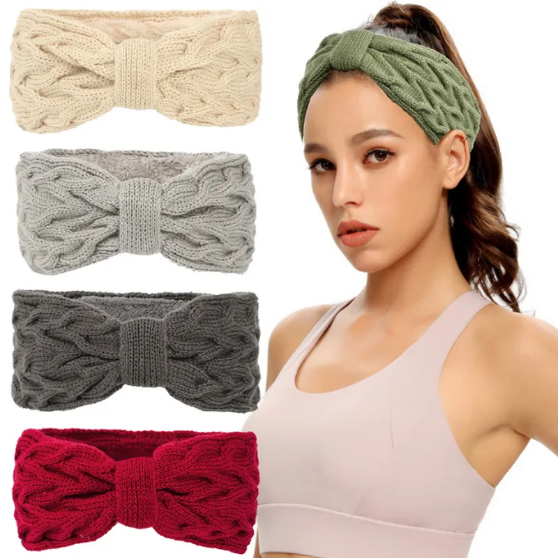 Multicolor Outdoor Sport Thick Plush Headband Winter Warm Knitted Bowknot Hairband