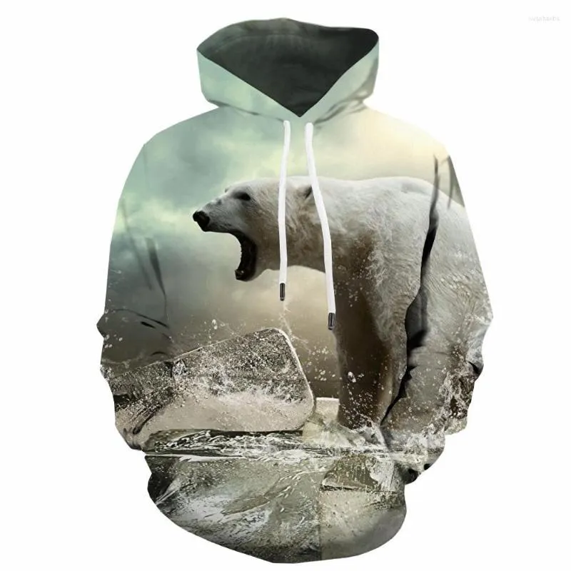 Heren Hoodies 3D Polar Bear Hoodie Men Diergedrukte schattige capuchon Casual Fear Print Sweatshirt unisex Hip Hop