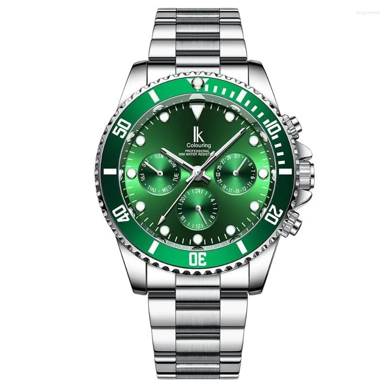 Montre-bracelettes ik coloriage argenté verts hommes mécaniciens watch 3 cadran calendrier acier band affaires gentleman horloge automatique montre
