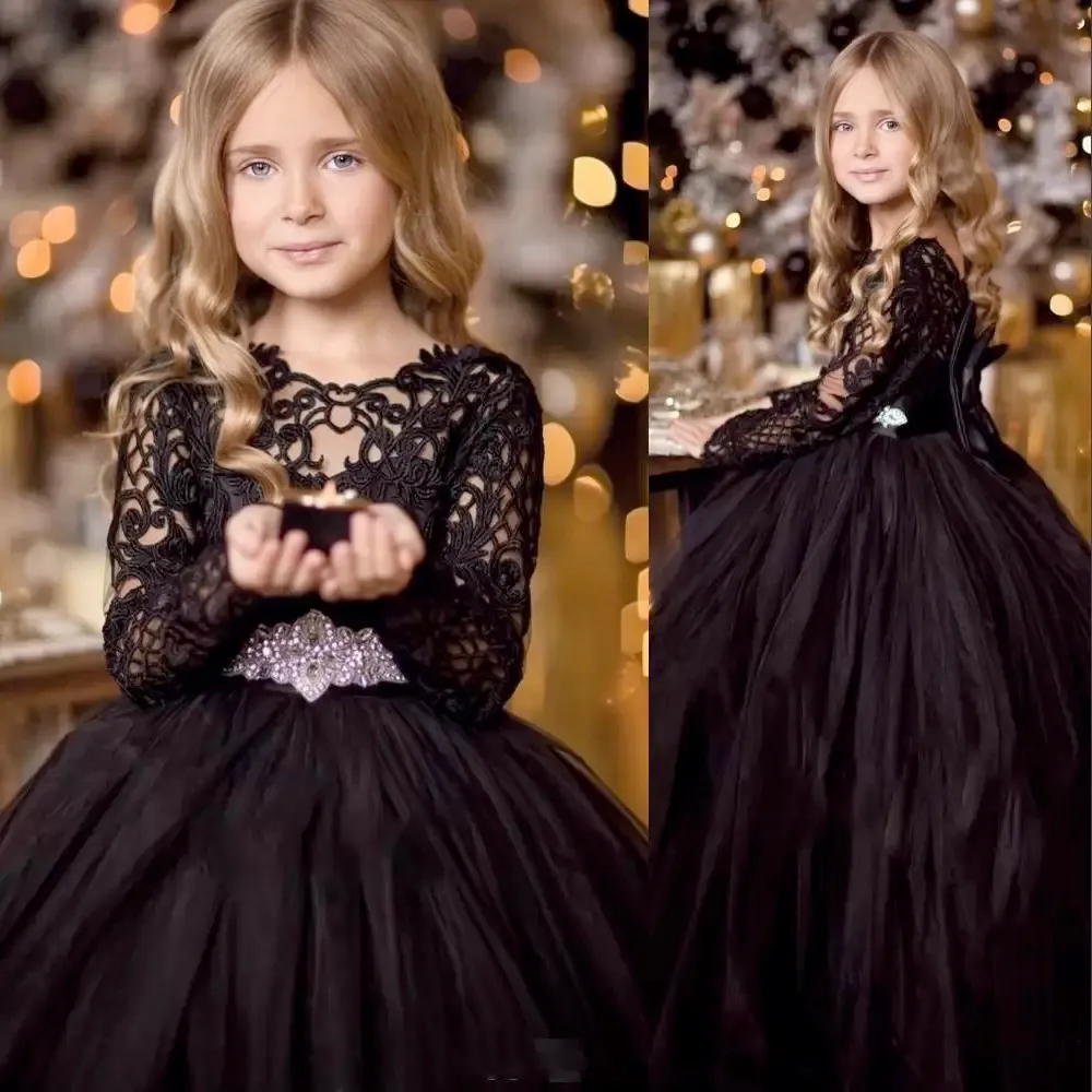 Black New Cheap Ball Gown Pageant Dresses Lace Long Sleeves Crystal Belt Bow Princess Tulle Puffy Kids Flower Girls Birthday Gowns s