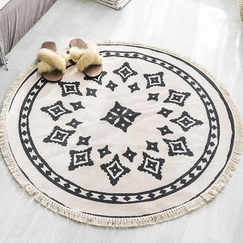 Carpets Cotton Morocco Round Carpet Bedroom Bedside Rugs Boho Style Tassel Rug Hand Woven Retro Ethnic Tapestry Sofa Cushion Tatami Mat