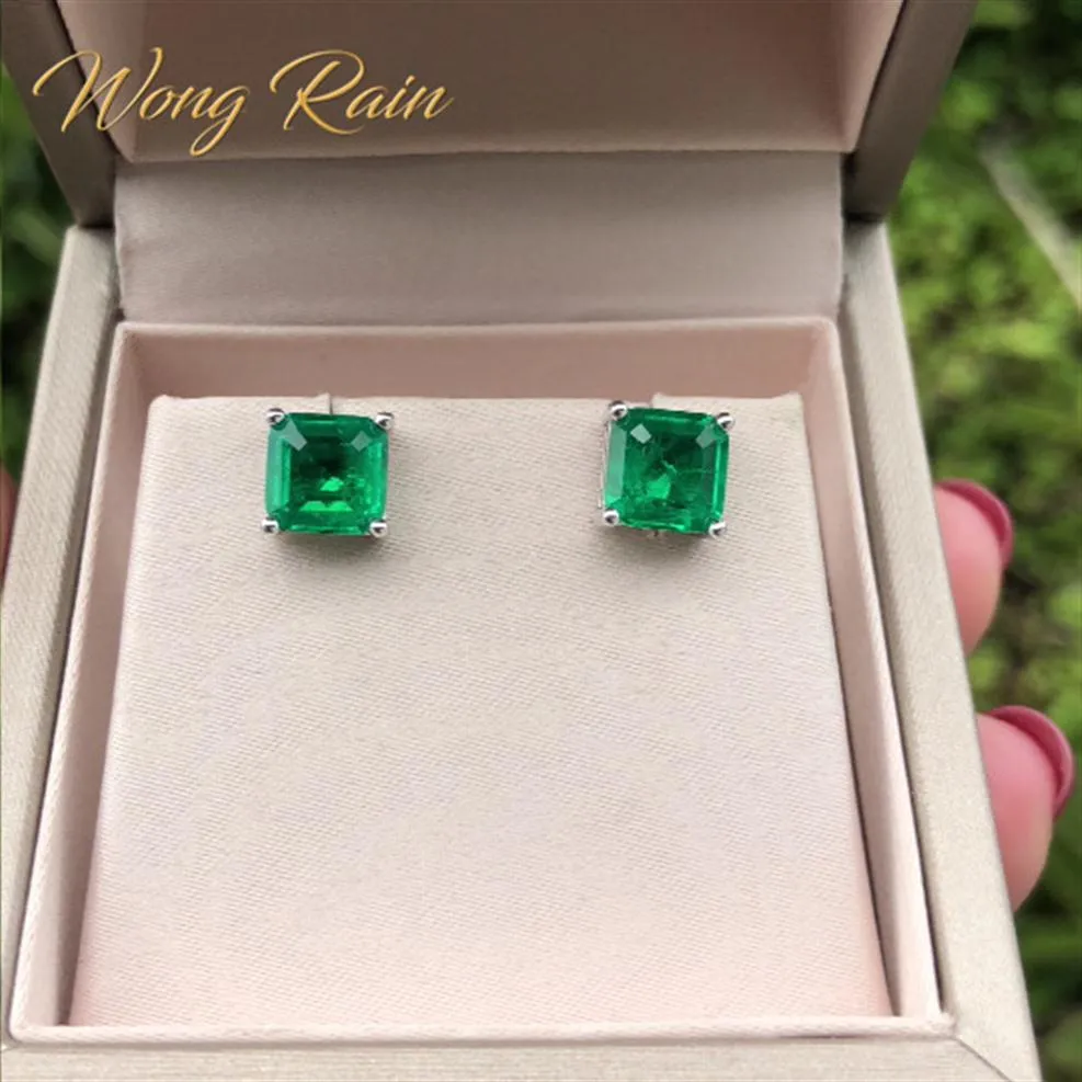 Wong Rain Vintage% 100% 925 STERLING Gümüş Zümrüt Kesme Zümrüt Taş Küpe Beyaz Altın Kulak Çıtçıtları Güzel Takı Tüm CX2007062645