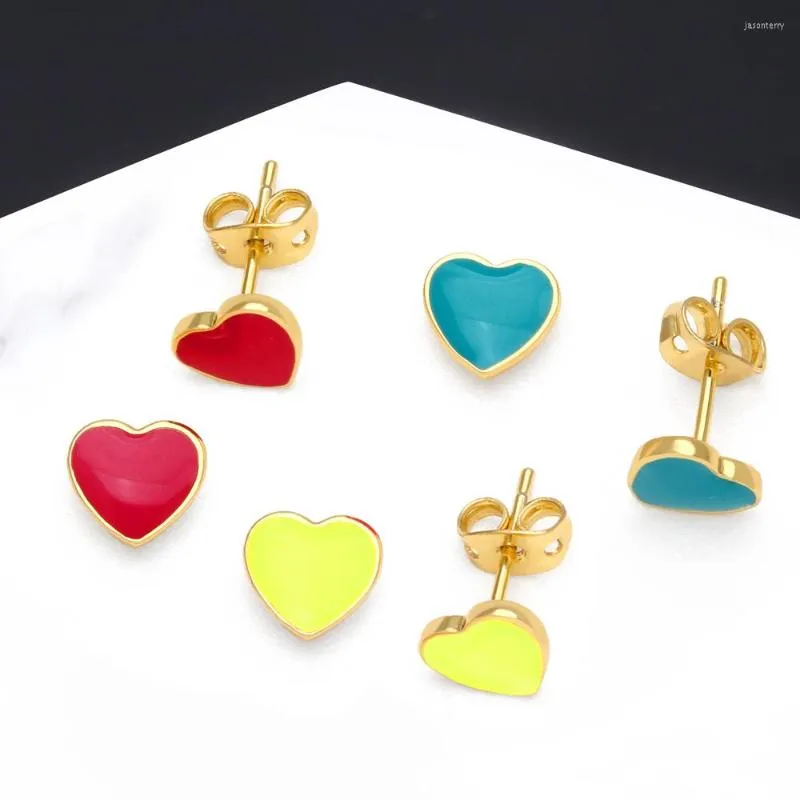 Stud -oorbellen Flola Kleine email Candy Color Heart For Women Girls Copper Gold vergulde oorstoppen accessoires Groothandel ERSA068