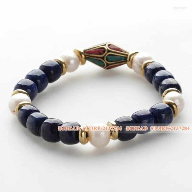 Strand vintage stil lapis pärla tibetansk pärlarmband med gyllene färg metall munk