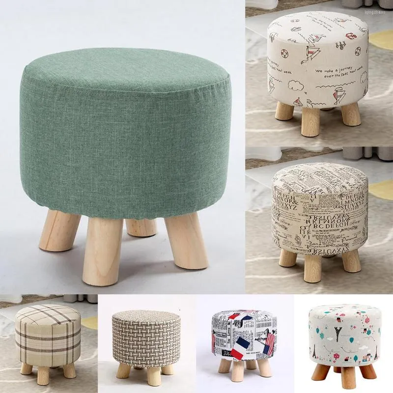 Pillow Round Shape Linen Fabric Footstool Cover Mini Chair Sofa Slipcover For Wooden Stool Stools Is Not Included.