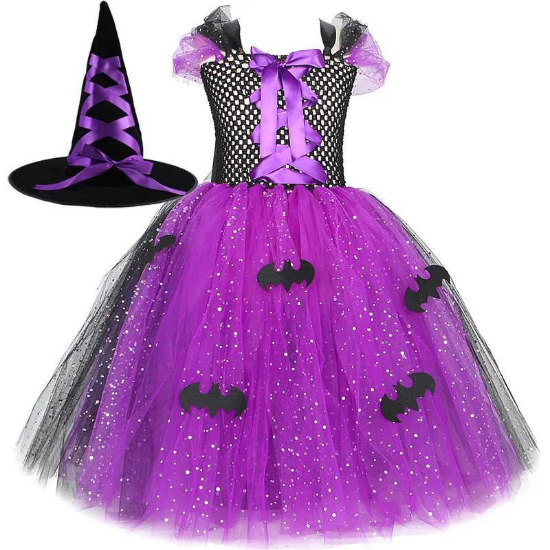 Ocasiones Especiales Disfraces De Halloween De Bruja Brillante Para Ninas Vestido De Tutu Largo De Murcielago Negro Purpura Traje De Cosplay De Carnaval Para Ninos Con Sombrero De Escoba 220909 De 11 ...