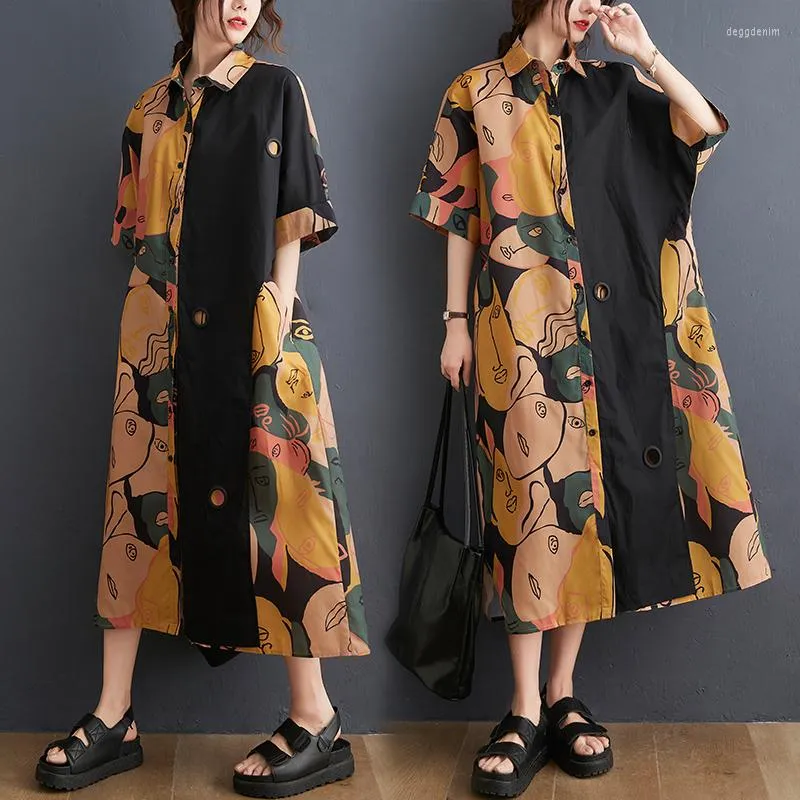 Party Dresses Office Lady Plus Size Lose Cotton Shirt Vintage Dress Women's Print Stitching Belly 2022 Summer Beachwear Mini Kaftan