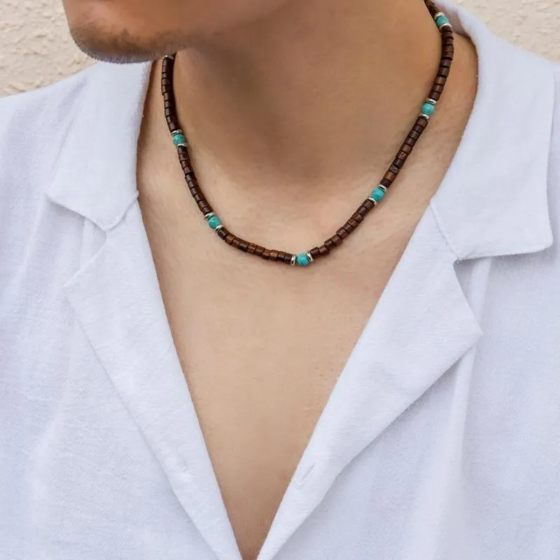 Pendant Necklaces IngeSight.Z Mens Black Wood Beaded Choker Necklace Boho Green Stone Surfer Chunky African Tribal For Men 2022