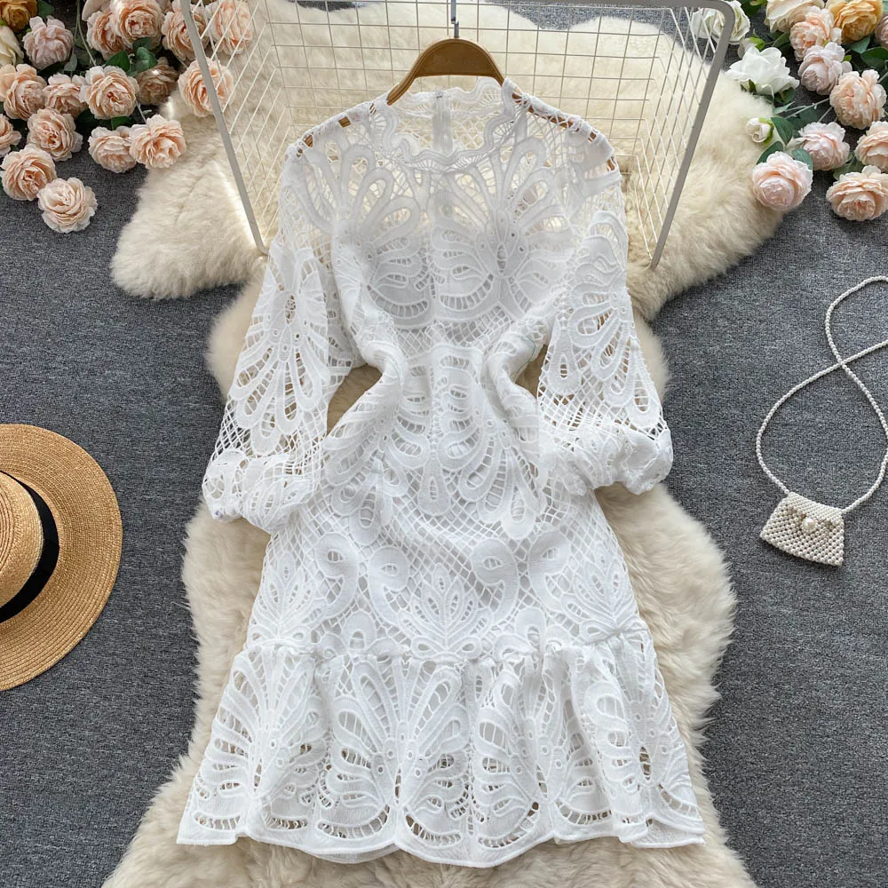 Lace Blue New Casual Dresses Summer Solid Slim Full Lady Dress A Line O Neck Chiffon Pullover Mid-Calf High Waist Women Dresses 2023