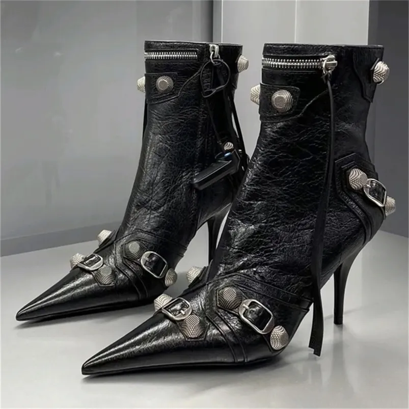 Boots Women Slim High Heel Metal Buckle Chain Luxury Shoes Fashion Comfortable Pointed Toe Ankle Stiletto Party Short 220909