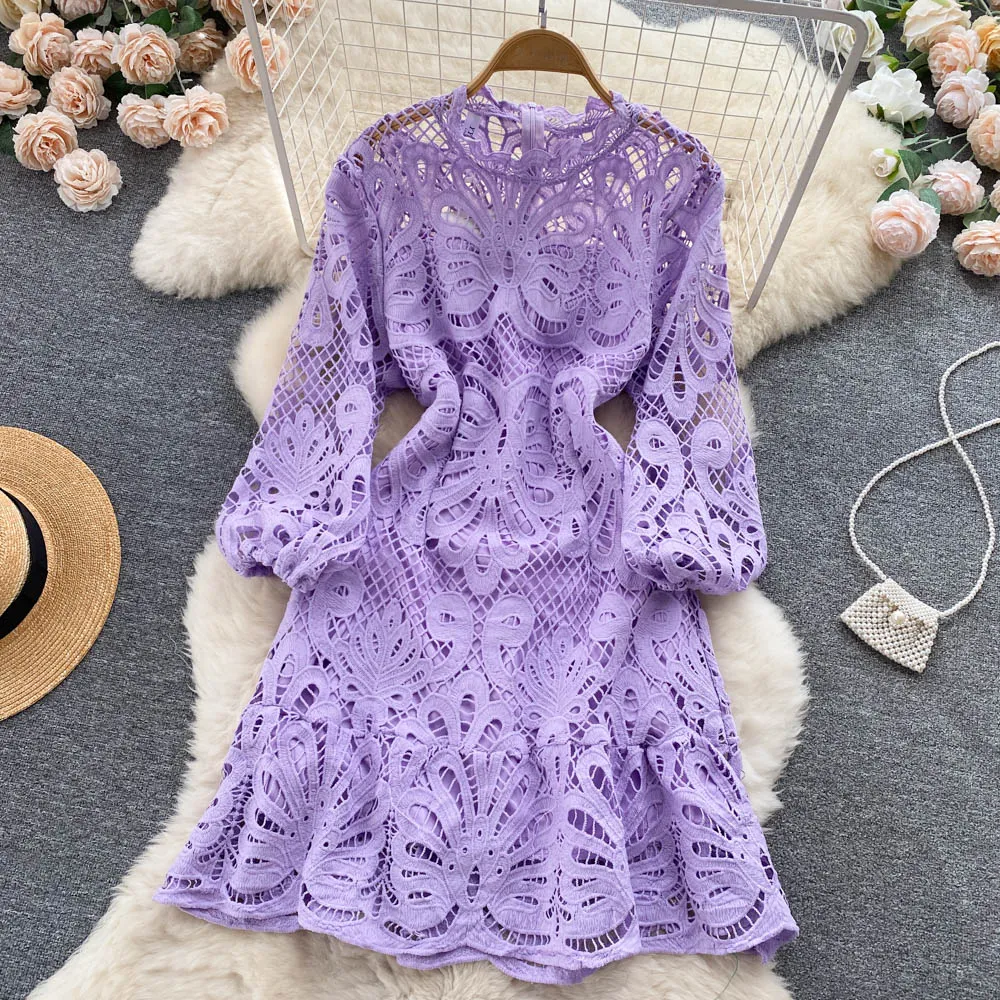 Lace Blue New Casual Dresses Summer Solid Slim Full Lady Dress A Line O Neck Chiffon Pullover Mid-Calf High Waist Women Dresses 2023