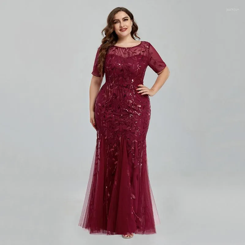 Party Dresses Women Plus Size Sequin Mesh Embroidery Mermaid Evening Dress Formal Short Sleeve Elegant Prom Gowns 2022 Long DressParty