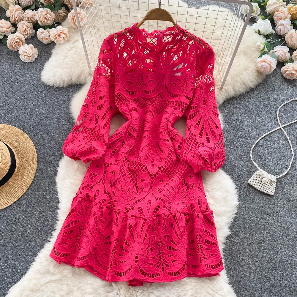 Lace Blue New Casual Dresses Summer Solid Slim Full Lady Dress A Line O Neck Chiffon Pullover Mid-Calf High Waist Women Dresses 2023