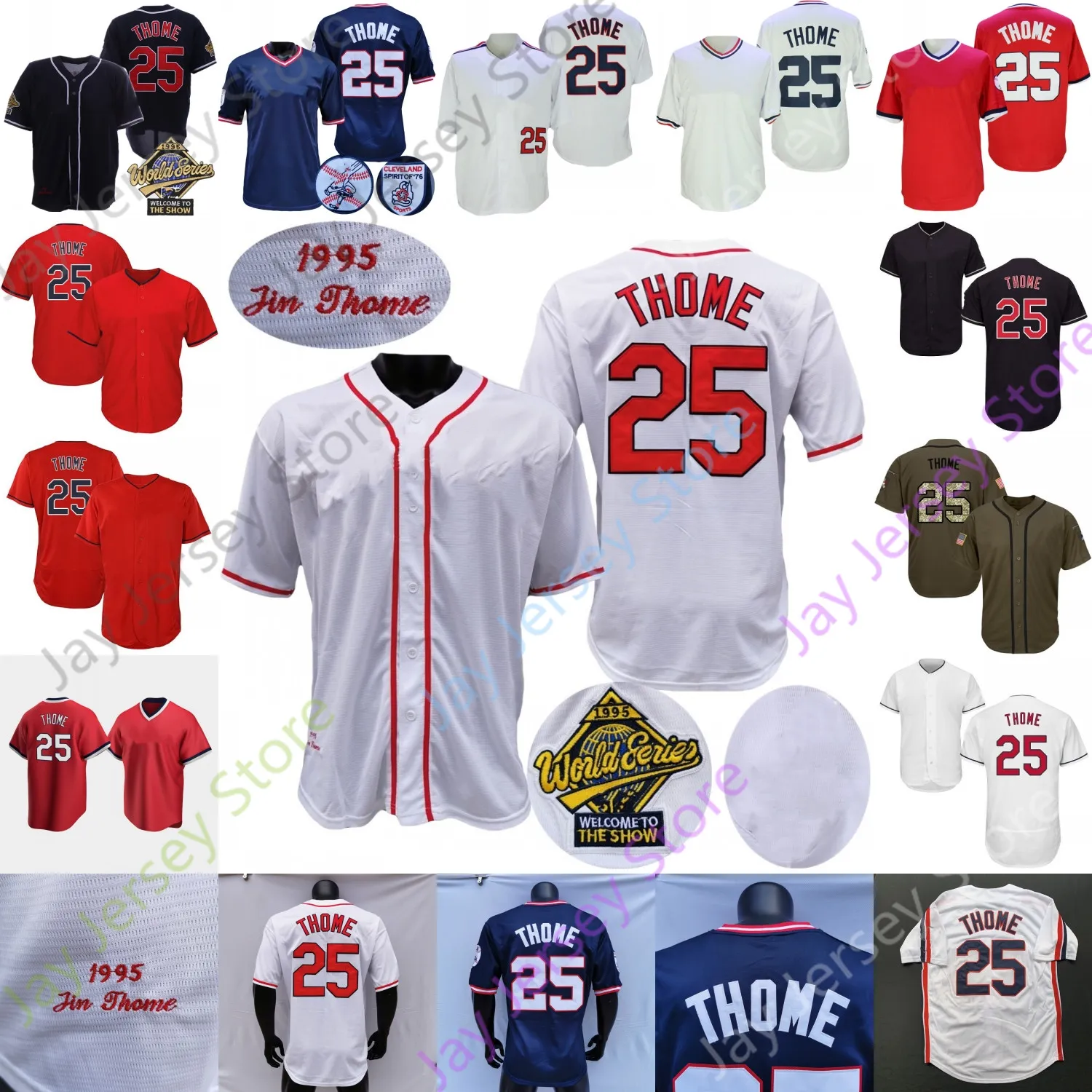 Camisola Jim Thome 1995 WS Navy Vintage White Button Turn Back Red Pullover Hall Of Fame Patch Cinza Tamanho S-3XL