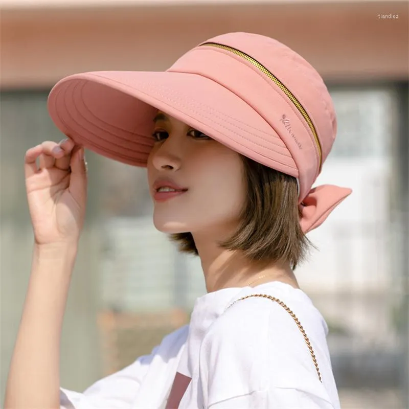 Wide Brim Hats Women's Summer Hat Removable Cap Top With Zipper Empty Cycilng Anti-UV Sun Ladies Foldable Big Visor Caps